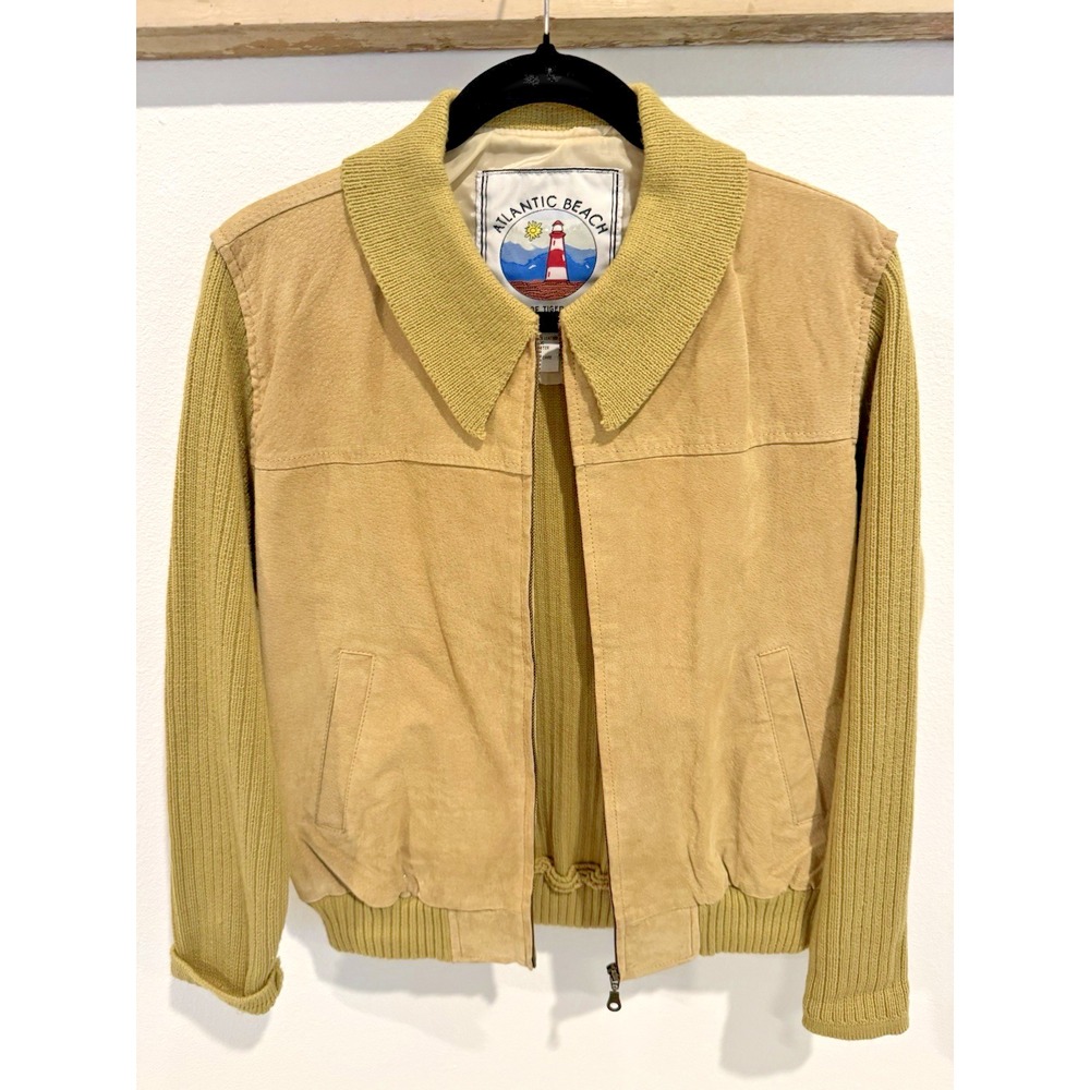 Vintage Genuine Leather With Knit Panel Jacket Beige Sz S